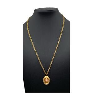 Vintage Gold Tone W Pink Ceramic Rose Dainty Filigree Locket Pendant Necklace